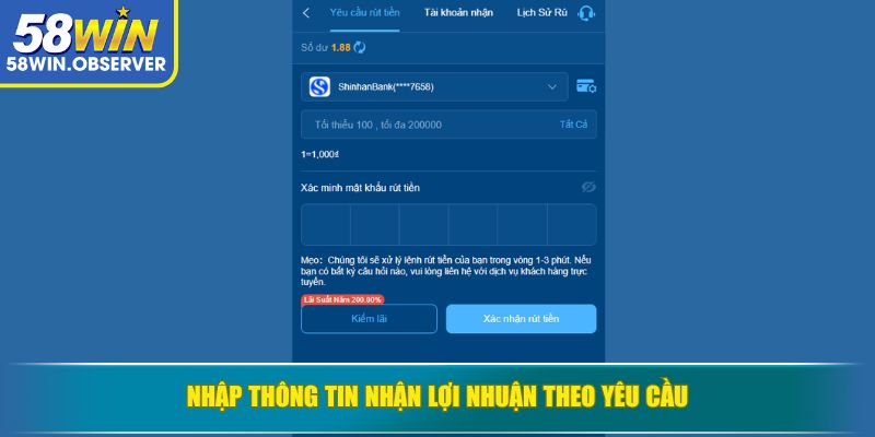 Nhập thông tin nhận lợi nhuận theo yêu cầu